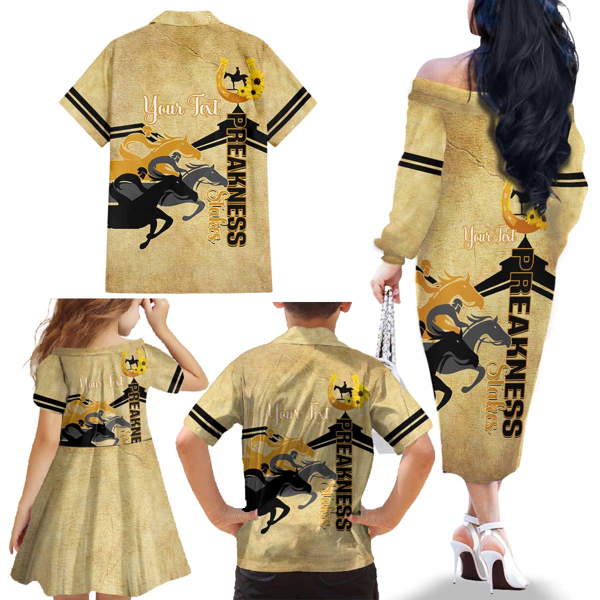 Personalized Preakness Horse Racing Family Matching Off The Shoulder Long Sleeve Dress and Hawaiian Shirt 150th Anniversary Run For The Black-Eyed Susans