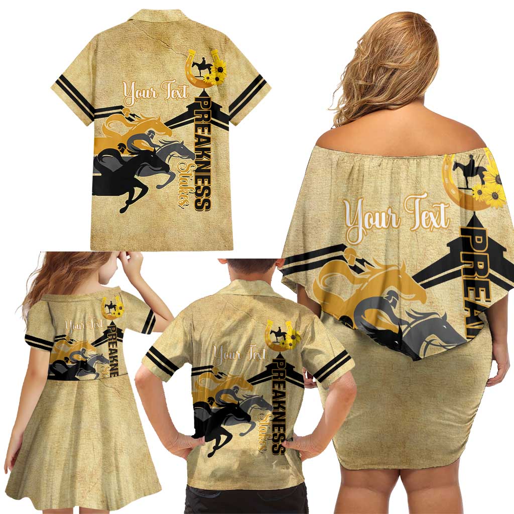 Personalized Preakness Horse Racing Family Matching Off Shoulder Short Dress and Hawaiian Shirt 150th Anniversary Run For The Black-Eyed Susans