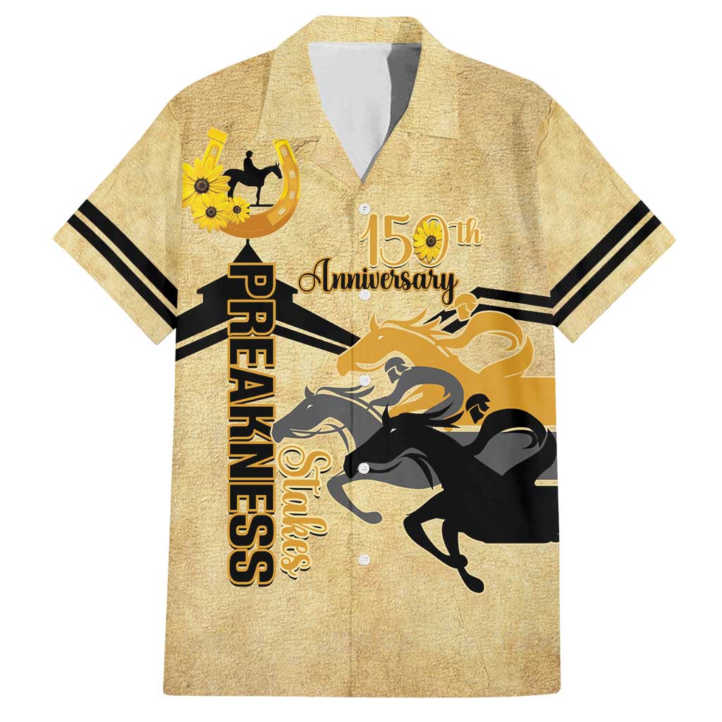 Personalized Preakness Horse Racing Family Matching Off Shoulder Short Dress and Hawaiian Shirt 150th Anniversary Run For The Black-Eyed Susans