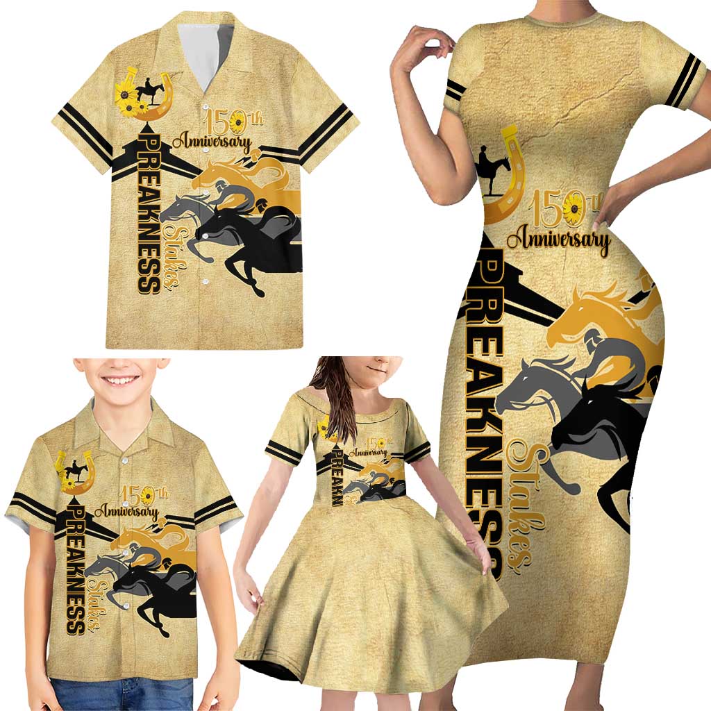 Personalized Preakness Horse Racing Family Matching Short Sleeve Bodycon Dress and Hawaiian Shirt 150th Anniversary Run For The Black-Eyed Susans