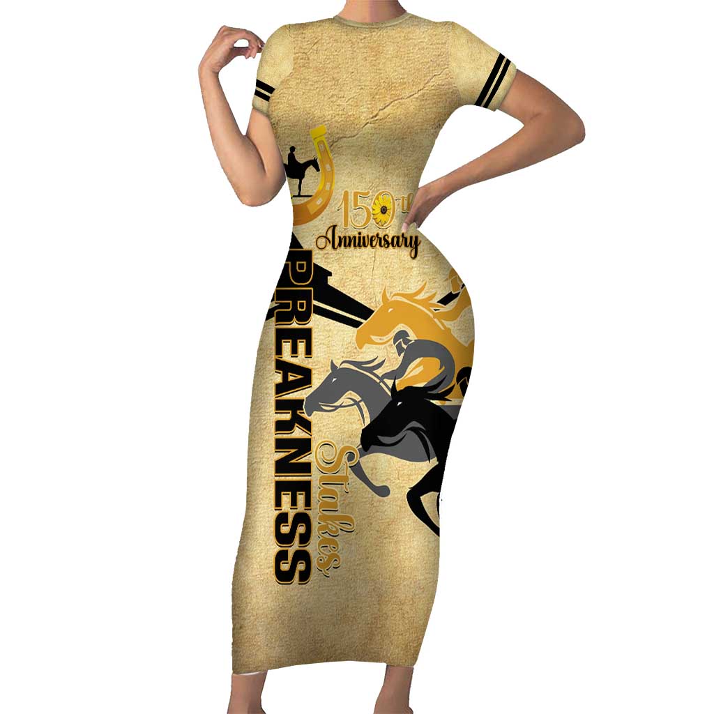 Personalized Preakness Horse Racing Short Sleeve Bodycon Dress 150th Anniversary Run For The Black-Eyed Susans