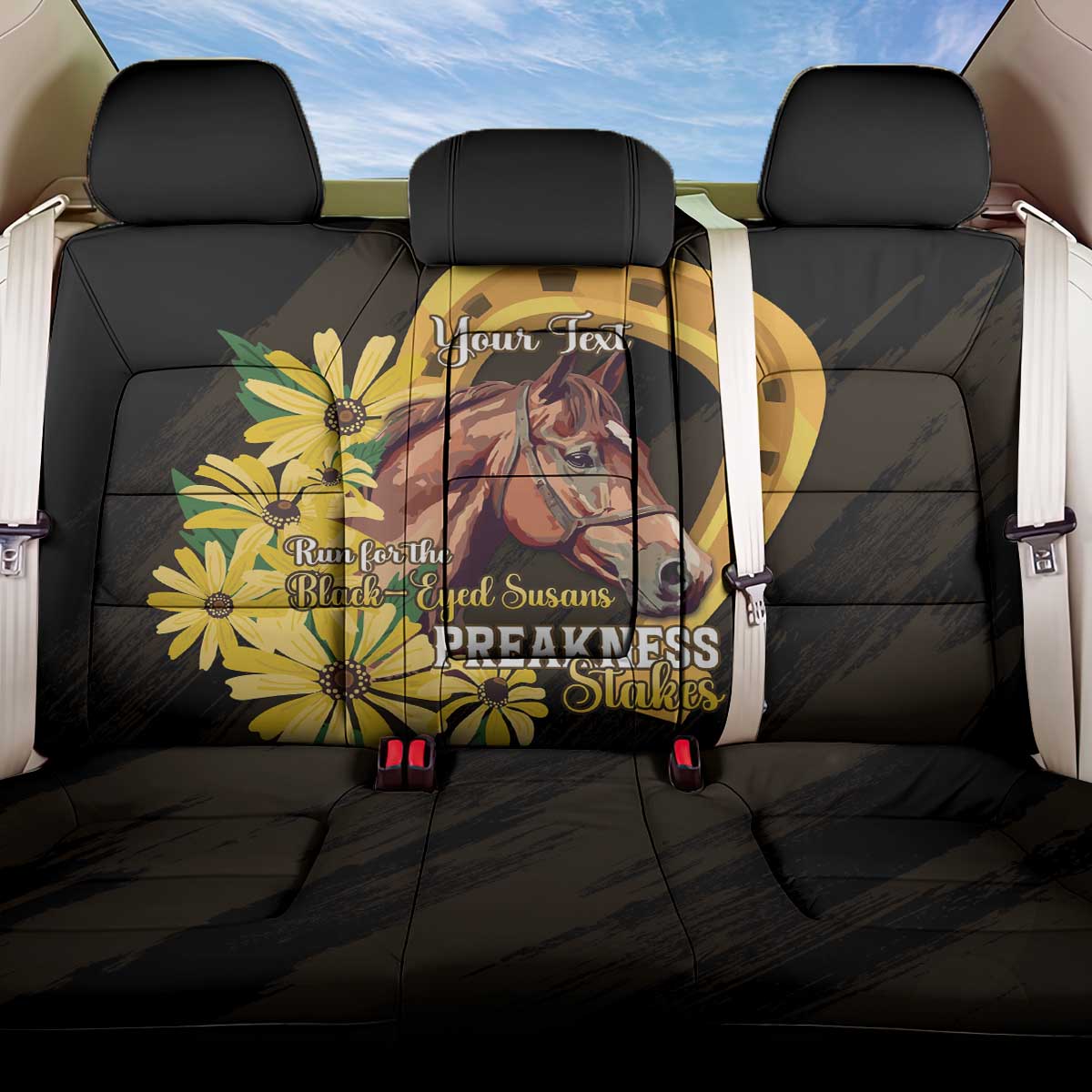Personalized Preakness Horse Racing Back Car Seat Cover Horseshoe With Black-Eyed Susans