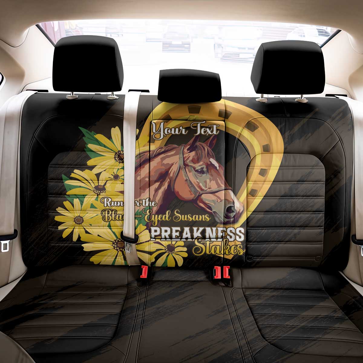 Personalized Preakness Horse Racing Back Car Seat Cover Horseshoe With Black-Eyed Susans