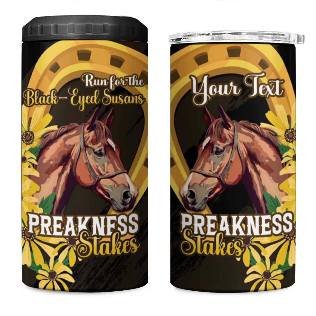 Personalized Preakness Horse Racing 4 in 1 Can Cooler Tumbler Horseshoe With Black-Eyed Susans
