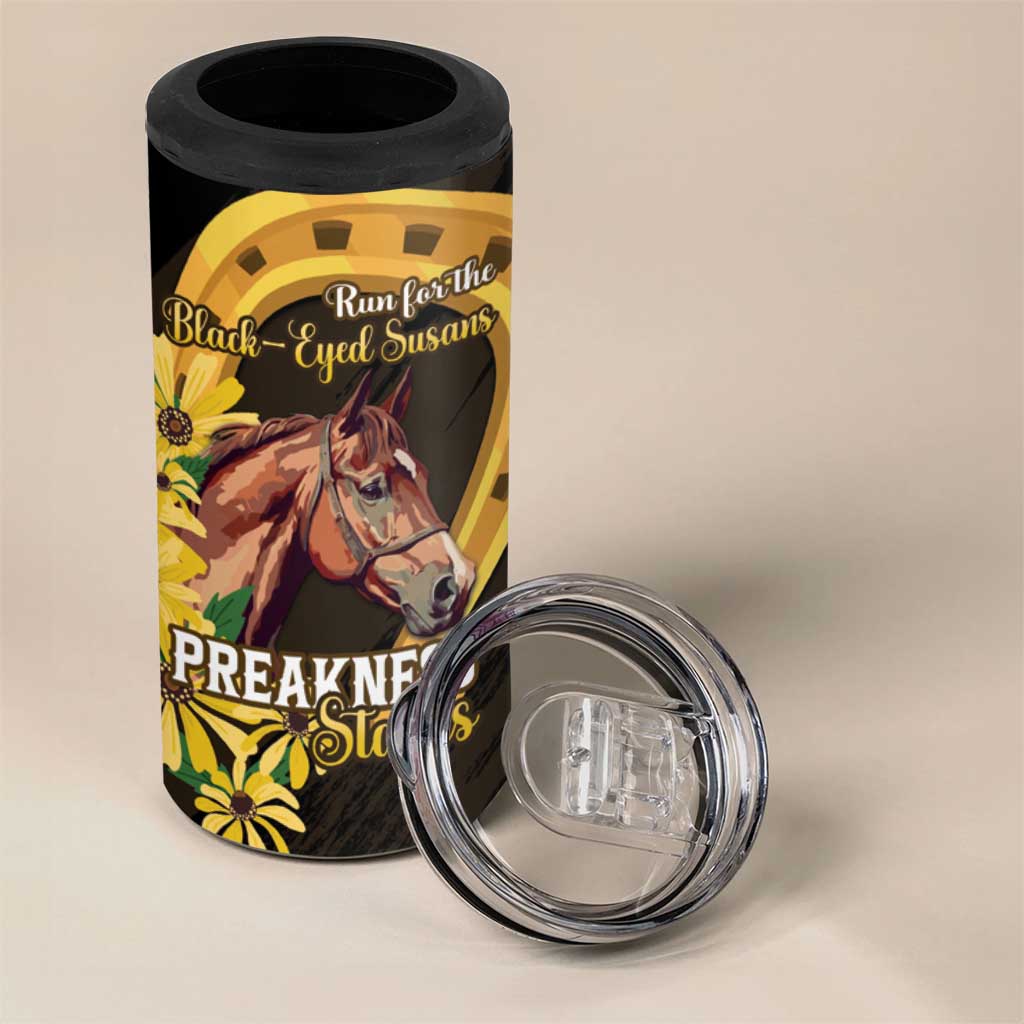 Personalized Preakness Horse Racing 4 in 1 Can Cooler Tumbler Horseshoe With Black-Eyed Susans