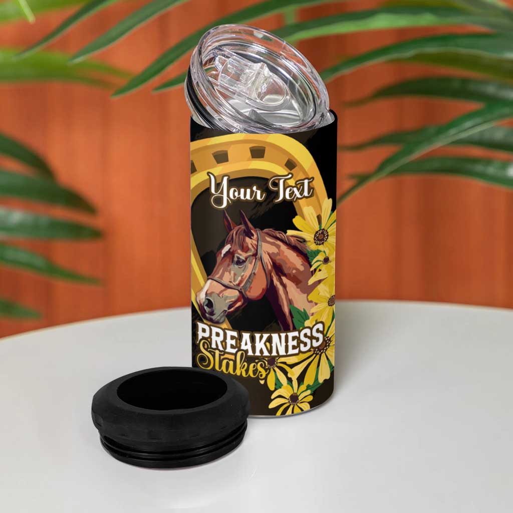 Personalized Preakness Horse Racing 4 in 1 Can Cooler Tumbler Horseshoe With Black-Eyed Susans