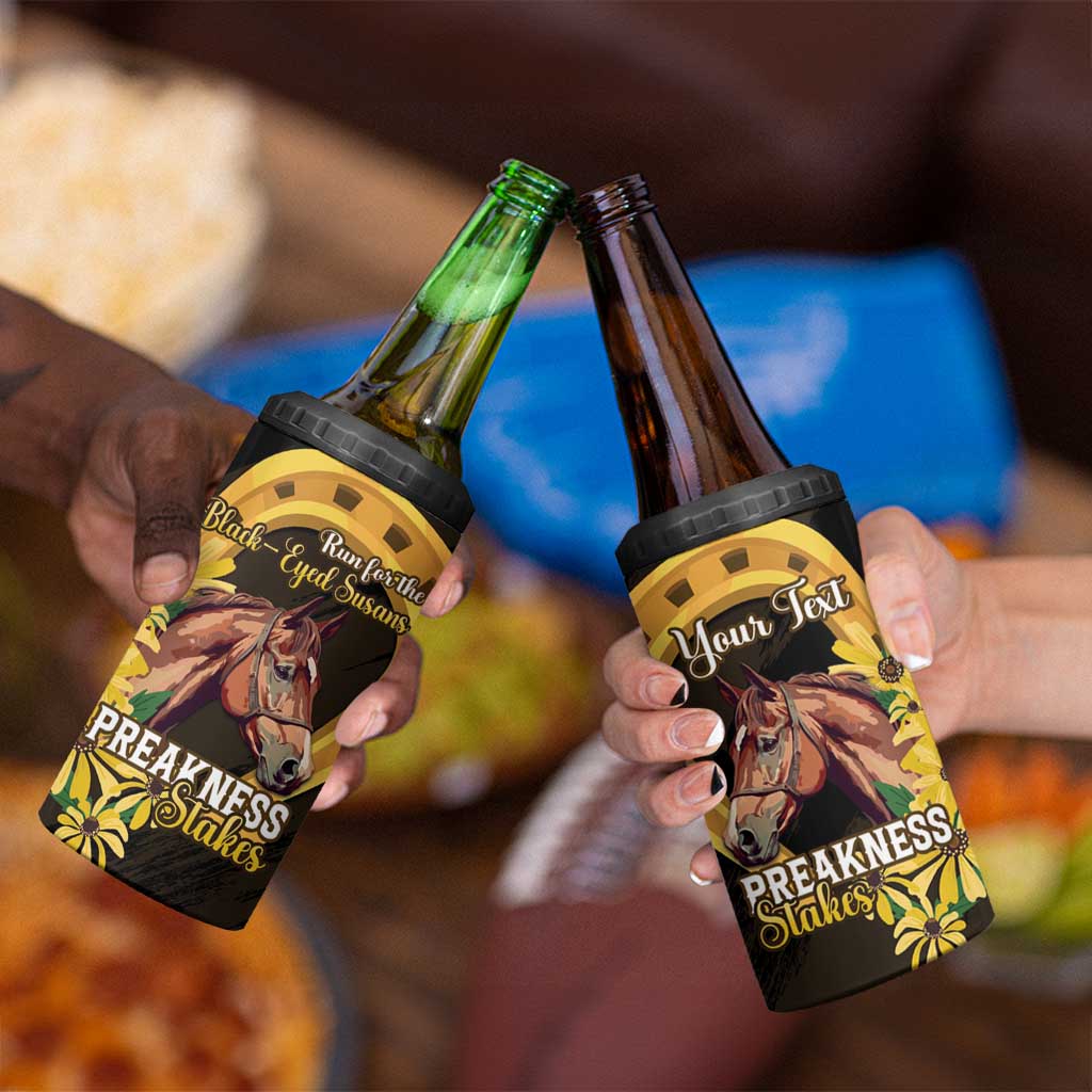 Personalized Preakness Horse Racing 4 in 1 Can Cooler Tumbler Horseshoe With Black-Eyed Susans