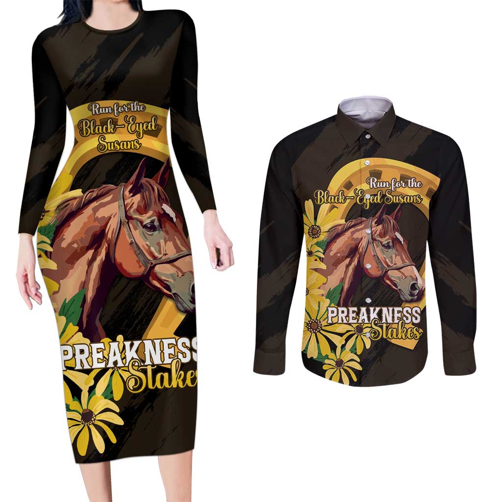 Personalized Preakness Horse Racing Couples Matching Long Sleeve Bodycon Dress and Long Sleeve Button Shirt Horseshoe With Black-Eyed Susans