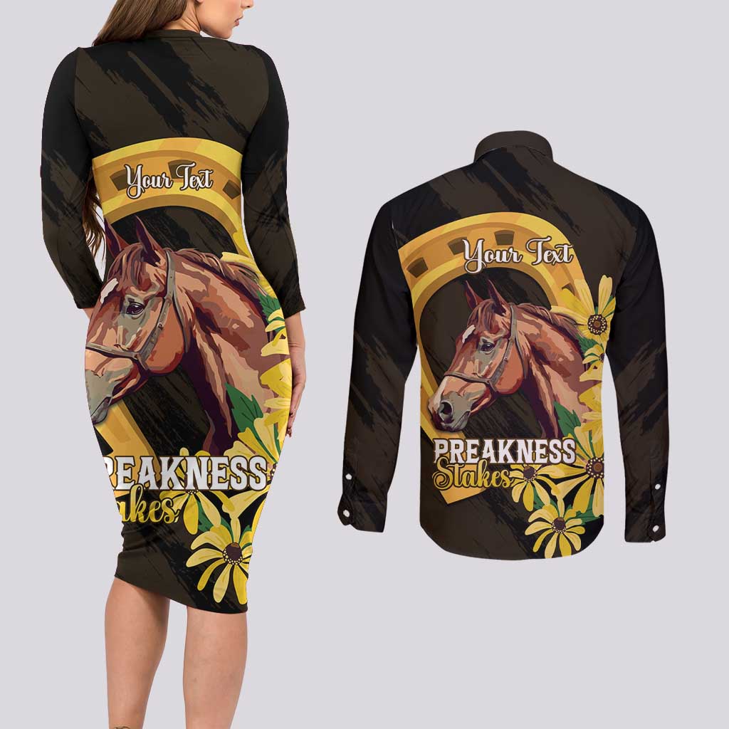 Personalized Preakness Horse Racing Couples Matching Long Sleeve Bodycon Dress and Long Sleeve Button Shirt Horseshoe With Black-Eyed Susans