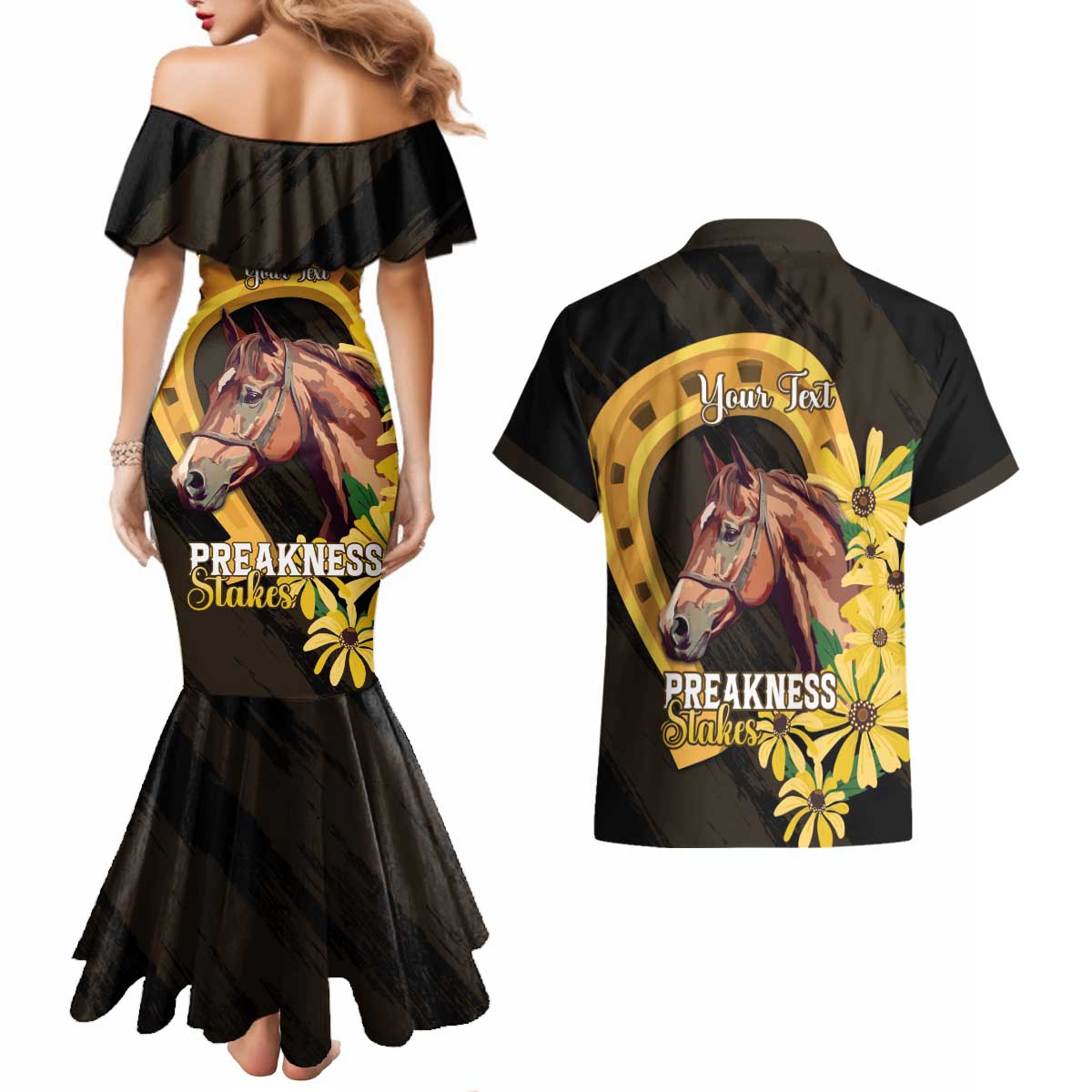 Personalized Preakness Horse Racing Couples Matching Mermaid Dress and Hawaiian Shirt Horseshoe With Black-Eyed Susans