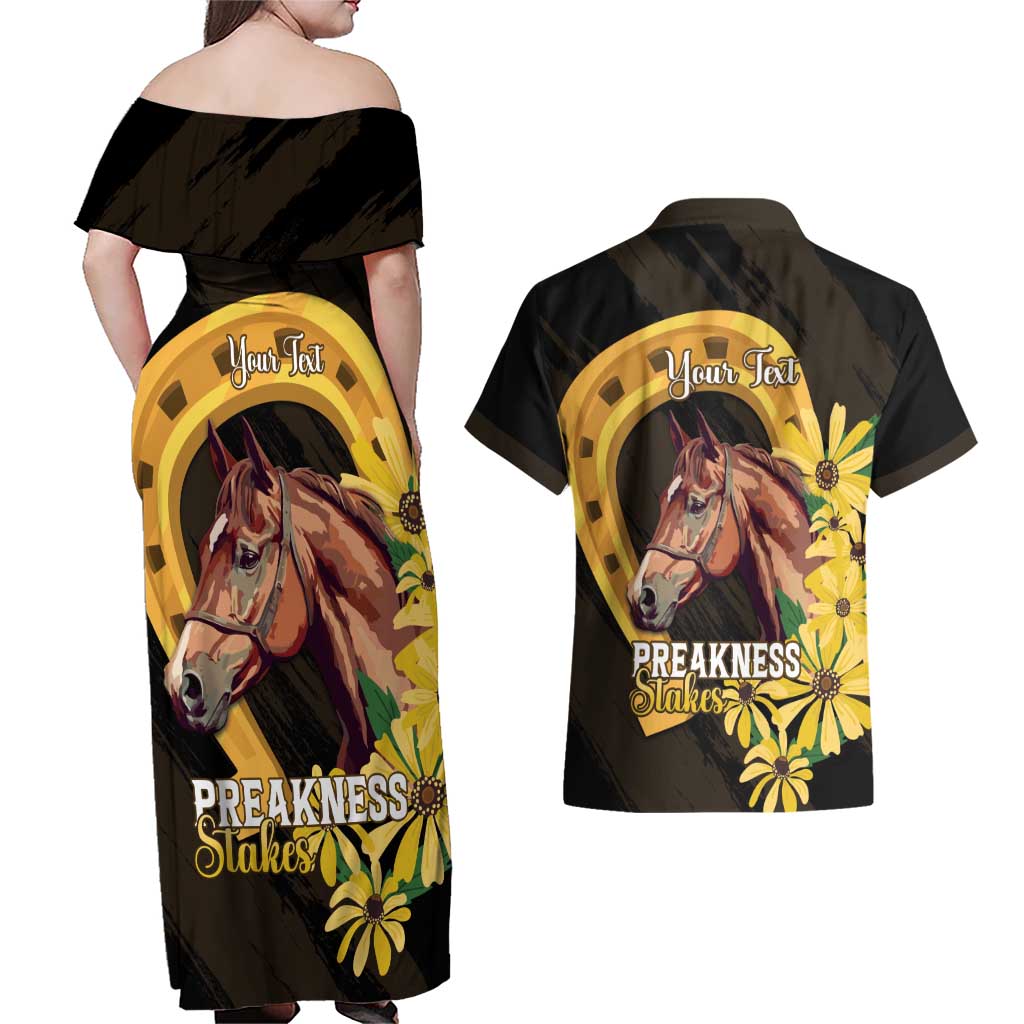 Personalized Preakness Horse Racing Couples Matching Off Shoulder Maxi Dress and Hawaiian Shirt Horseshoe With Black-Eyed Susans