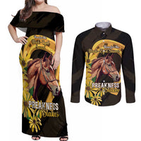 Personalized Preakness Horse Racing Couples Matching Off Shoulder Maxi Dress and Long Sleeve Button Shirt Horseshoe With Black-Eyed Susans