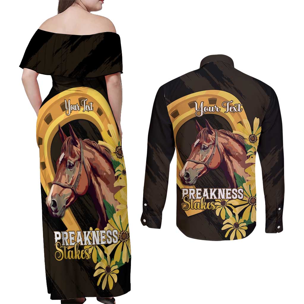 Personalized Preakness Horse Racing Couples Matching Off Shoulder Maxi Dress and Long Sleeve Button Shirt Horseshoe With Black-Eyed Susans