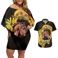 Personalized Preakness Horse Racing Couples Matching Off Shoulder Short Dress and Hawaiian Shirt Horseshoe With Black-Eyed Susans