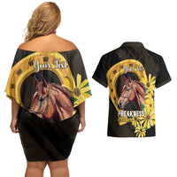 Personalized Preakness Horse Racing Couples Matching Off Shoulder Short Dress and Hawaiian Shirt Horseshoe With Black-Eyed Susans