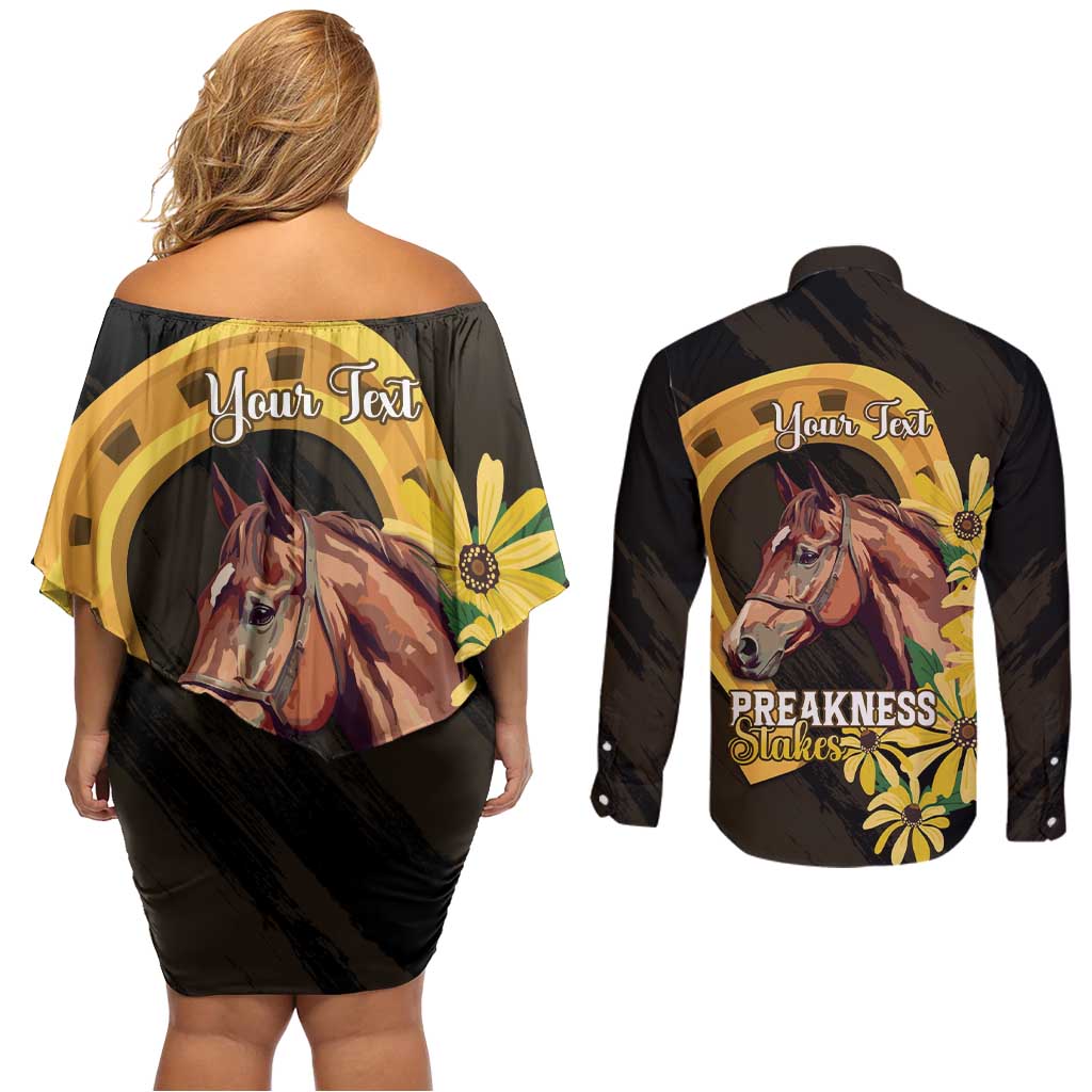 Personalized Preakness Horse Racing Couples Matching Off Shoulder Short Dress and Long Sleeve Button Shirt Horseshoe With Black-Eyed Susans