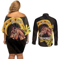 Personalized Preakness Horse Racing Couples Matching Off Shoulder Short Dress and Long Sleeve Button Shirt Horseshoe With Black-Eyed Susans
