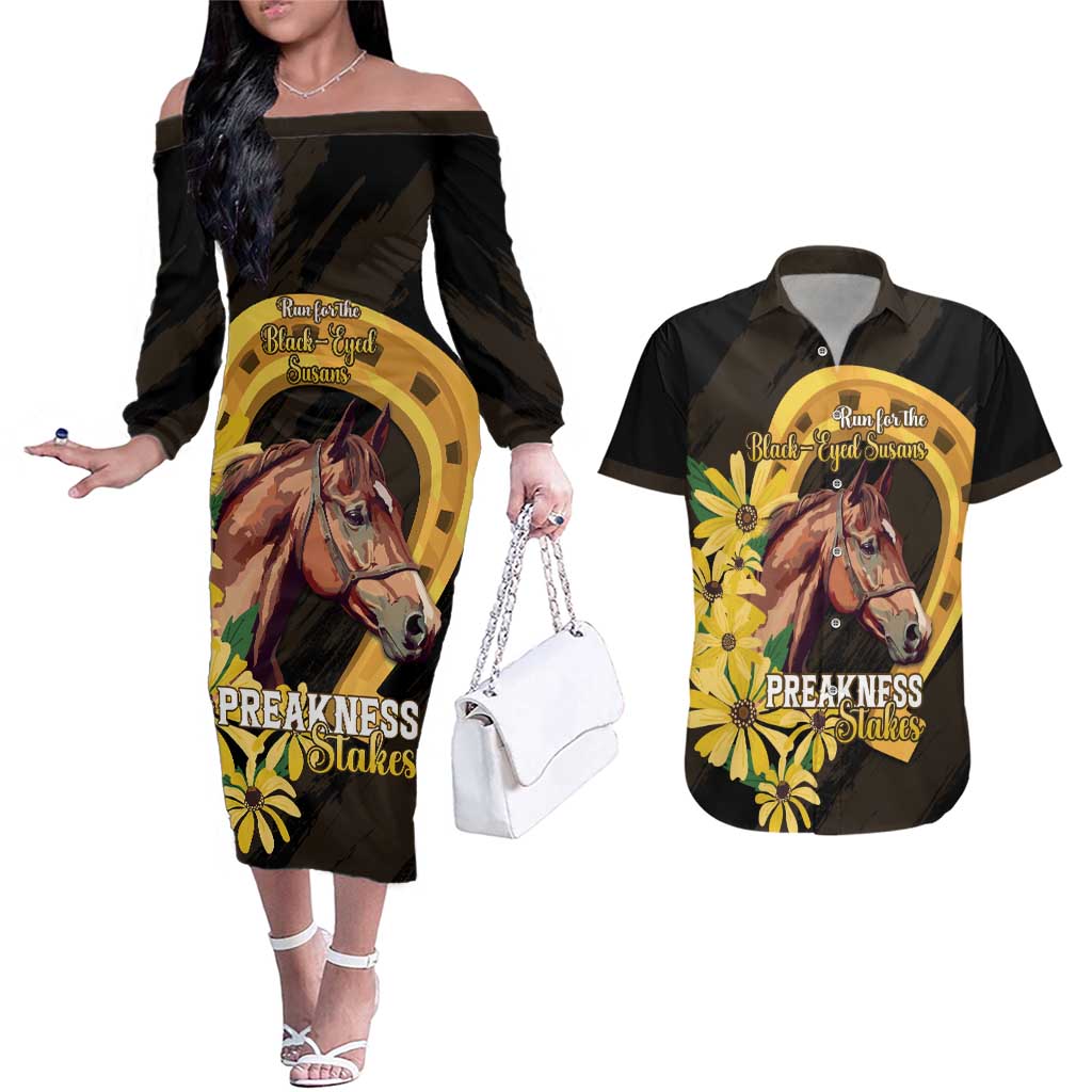 Personalized Preakness Horse Racing Couples Matching Off The Shoulder Long Sleeve Dress and Hawaiian Shirt Horseshoe With Black-Eyed Susans