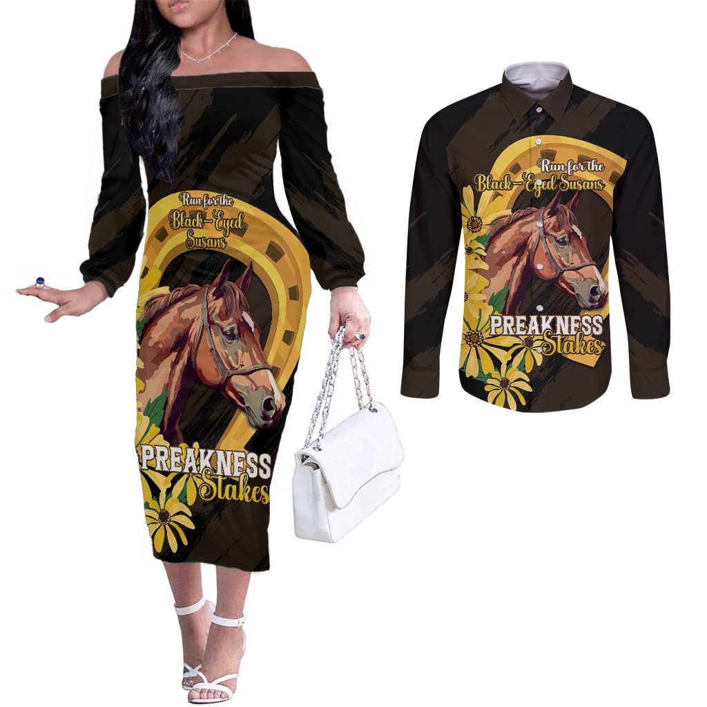 Personalized Preakness Horse Racing Couples Matching Off The Shoulder Long Sleeve Dress and Long Sleeve Button Shirt Horseshoe With Black-Eyed Susans