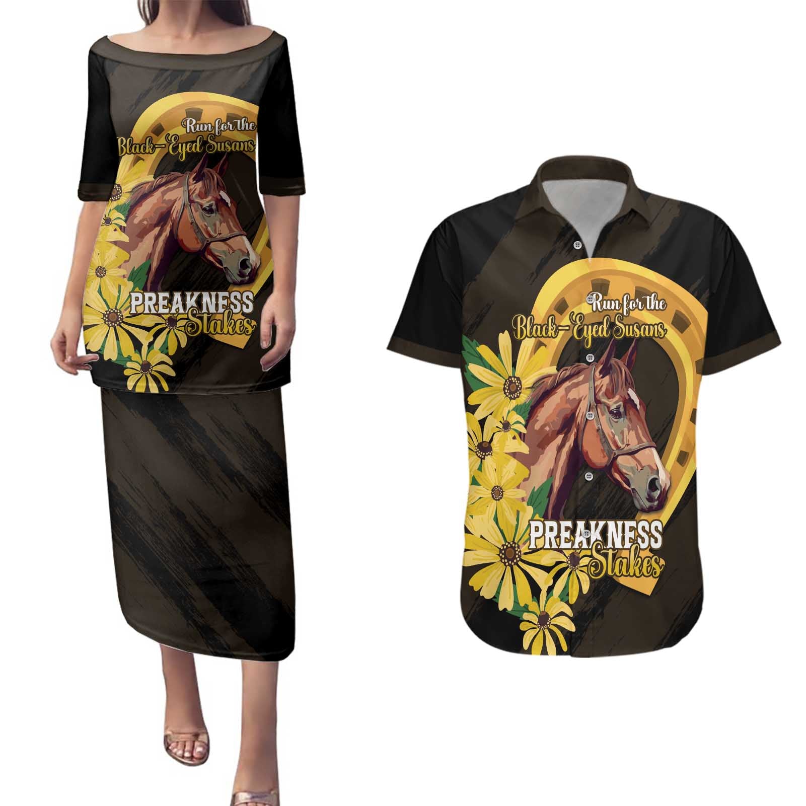 Personalized Preakness Horse Racing Couples Matching Puletasi and Hawaiian Shirt Horseshoe With Black-Eyed Susans