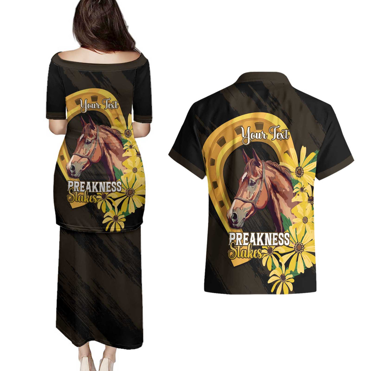 Personalized Preakness Horse Racing Couples Matching Puletasi and Hawaiian Shirt Horseshoe With Black-Eyed Susans