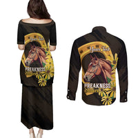 Personalized Preakness Horse Racing Couples Matching Puletasi and Long Sleeve Button Shirt Horseshoe With Black-Eyed Susans