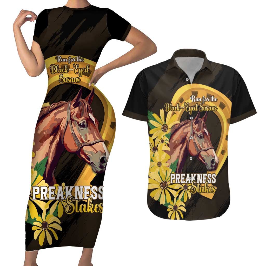 Personalized Preakness Horse Racing Couples Matching Short Sleeve Bodycon Dress and Hawaiian Shirt Horseshoe With Black-Eyed Susans