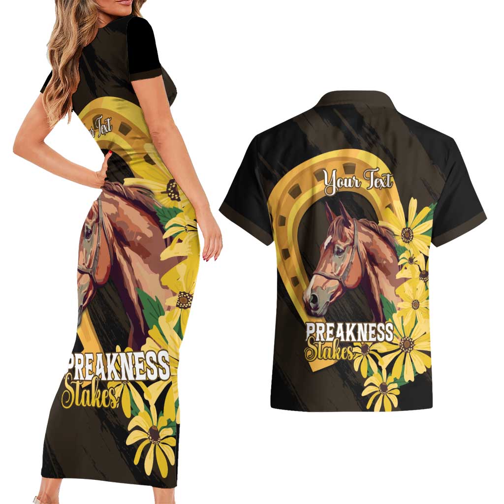 Personalized Preakness Horse Racing Couples Matching Short Sleeve Bodycon Dress and Hawaiian Shirt Horseshoe With Black-Eyed Susans