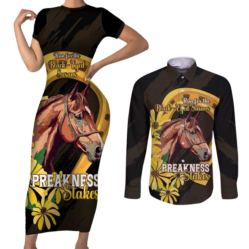 Personalized Preakness Horse Racing Couples Matching Short Sleeve Bodycon Dress and Long Sleeve Button Shirt Horseshoe With Black-Eyed Susans