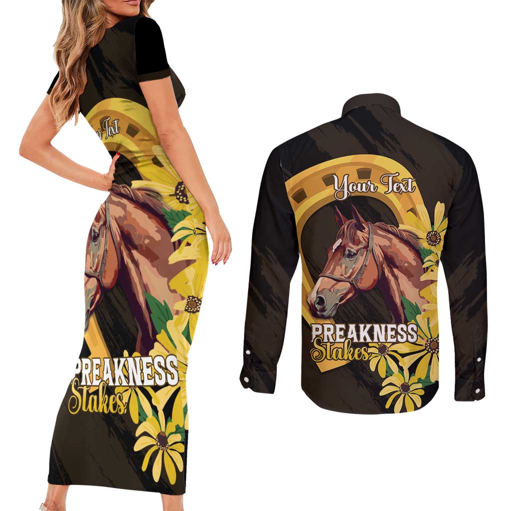Personalized Preakness Horse Racing Couples Matching Short Sleeve Bodycon Dress and Long Sleeve Button Shirt Horseshoe With Black-Eyed Susans