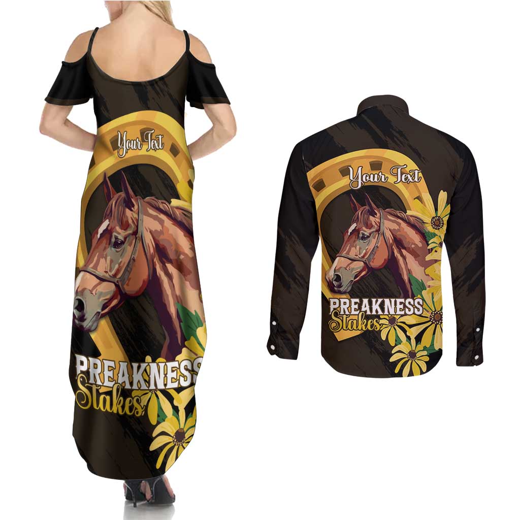 Personalized Preakness Horse Racing Couples Matching Summer Maxi Dress and Long Sleeve Button Shirt Horseshoe With Black-Eyed Susans
