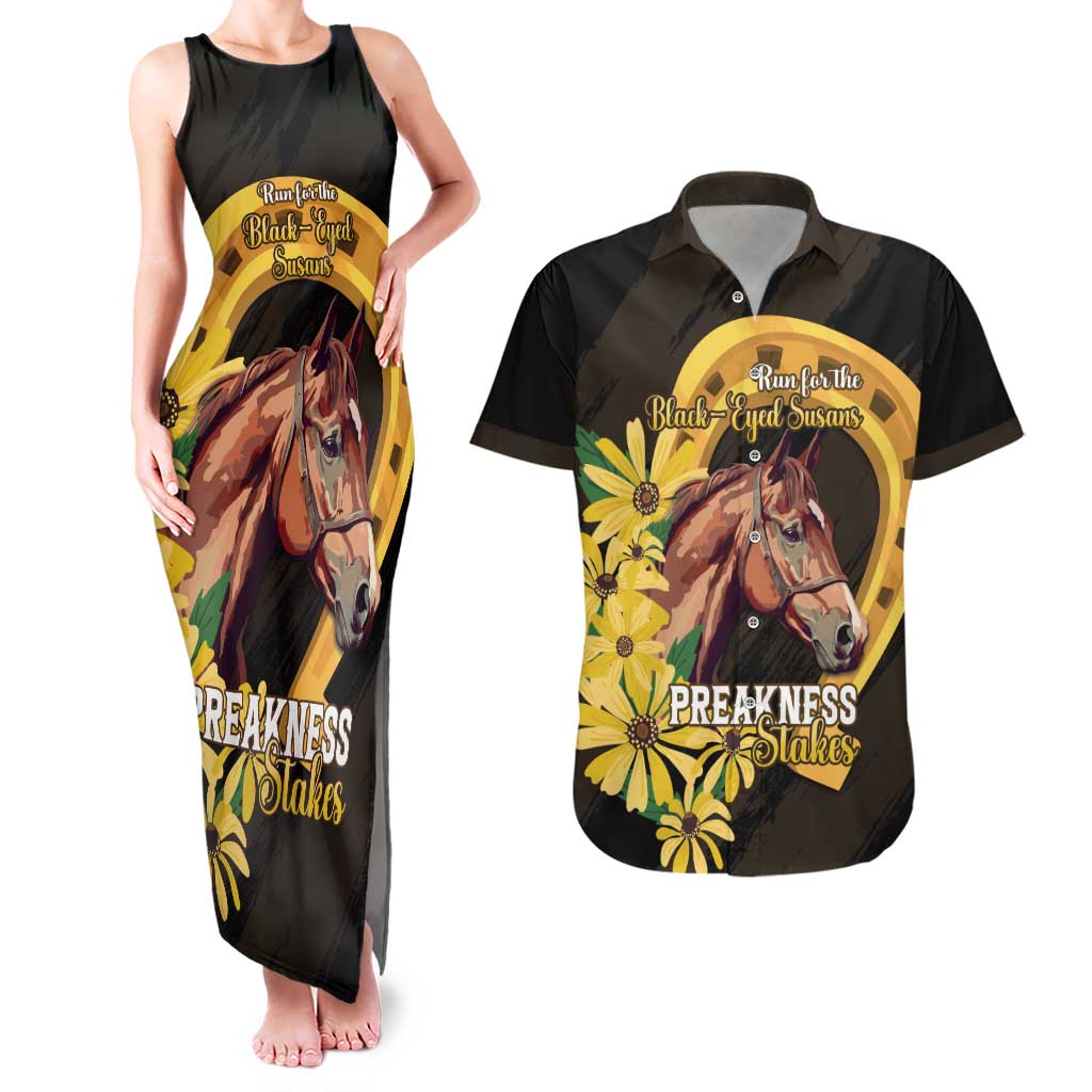 Personalized Preakness Horse Racing Couples Matching Tank Maxi Dress and Hawaiian Shirt Horseshoe With Black-Eyed Susans