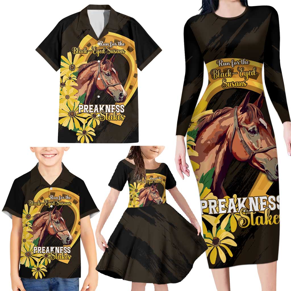 Personalized Preakness Horse Racing Family Matching Long Sleeve Bodycon Dress and Hawaiian Shirt Horseshoe With Black-Eyed Susans