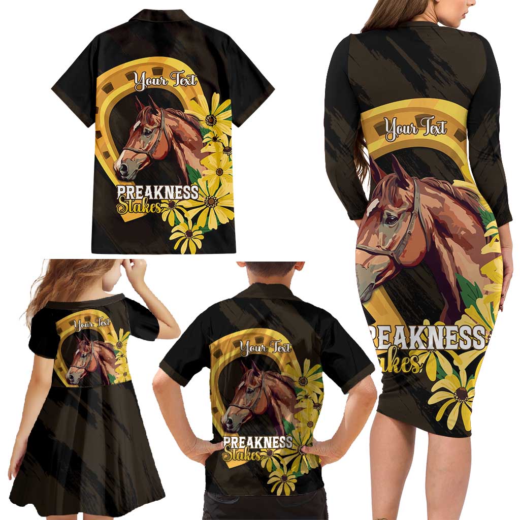 Personalized Preakness Horse Racing Family Matching Long Sleeve Bodycon Dress and Hawaiian Shirt Horseshoe With Black-Eyed Susans