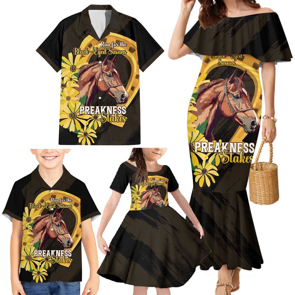 Personalized Preakness Horse Racing Family Matching Mermaid Dress and Hawaiian Shirt Horseshoe With Black-Eyed Susans