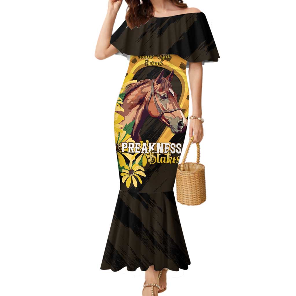 Personalized Preakness Horse Racing Family Matching Mermaid Dress and Hawaiian Shirt Horseshoe With Black-Eyed Susans