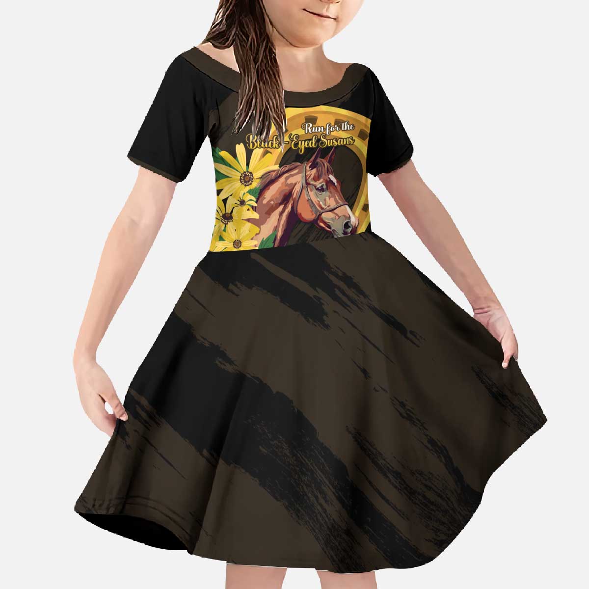 Personalized Preakness Horse Racing Family Matching Off The Shoulder Long Sleeve Dress and Hawaiian Shirt Horseshoe With Black-Eyed Susans