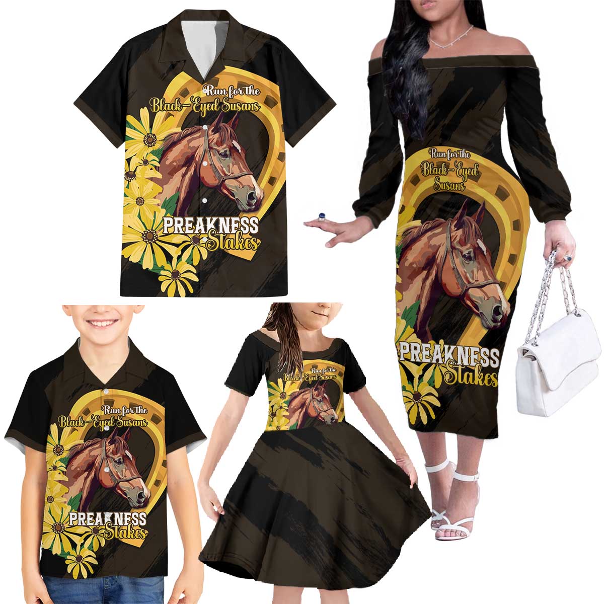 Personalized Preakness Horse Racing Family Matching Off The Shoulder Long Sleeve Dress and Hawaiian Shirt Horseshoe With Black-Eyed Susans