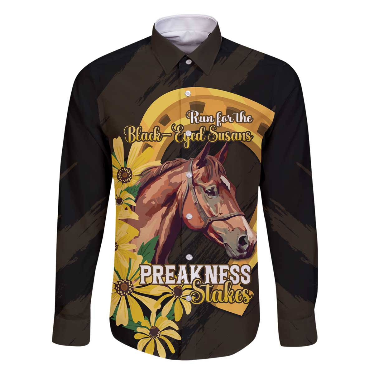Personalized Preakness Horse Racing Family Matching Off The Shoulder Long Sleeve Dress and Hawaiian Shirt Horseshoe With Black-Eyed Susans