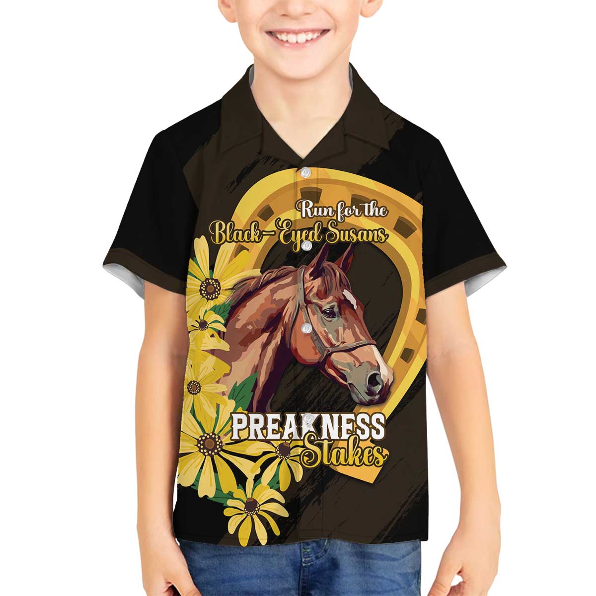 Personalized Preakness Horse Racing Family Matching Off The Shoulder Long Sleeve Dress and Hawaiian Shirt Horseshoe With Black-Eyed Susans