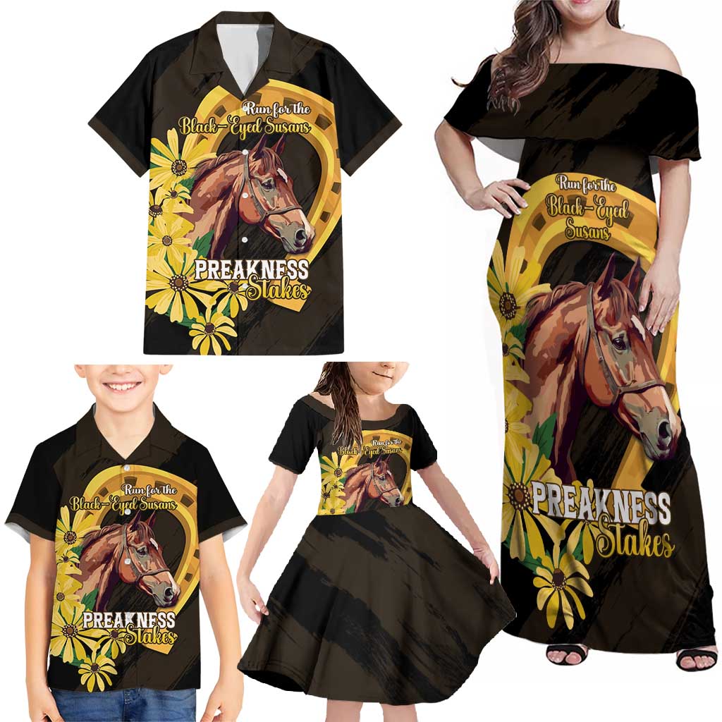 Personalized Preakness Horse Racing Family Matching Off Shoulder Maxi Dress and Hawaiian Shirt Horseshoe With Black-Eyed Susans