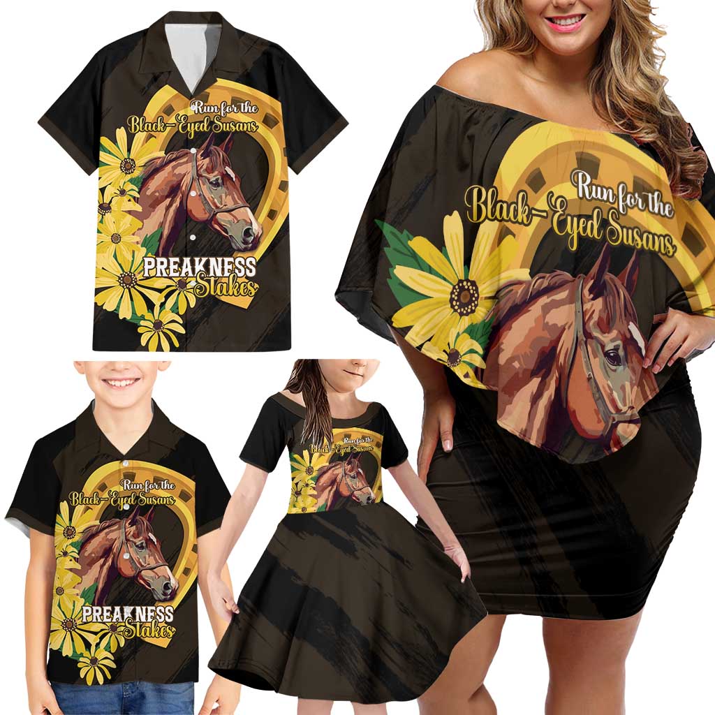 Personalized Preakness Horse Racing Family Matching Off Shoulder Short Dress and Hawaiian Shirt Horseshoe With Black-Eyed Susans