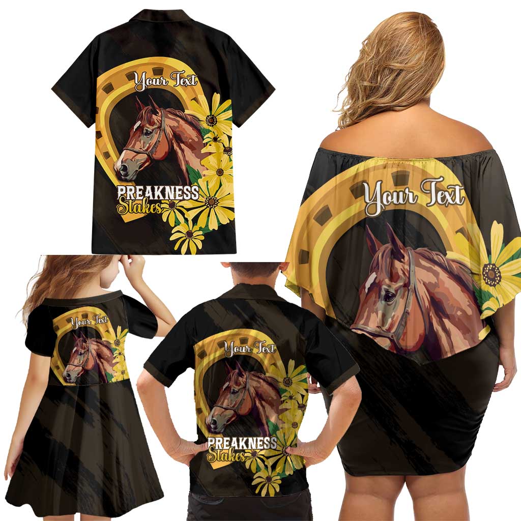 Personalized Preakness Horse Racing Family Matching Off Shoulder Short Dress and Hawaiian Shirt Horseshoe With Black-Eyed Susans