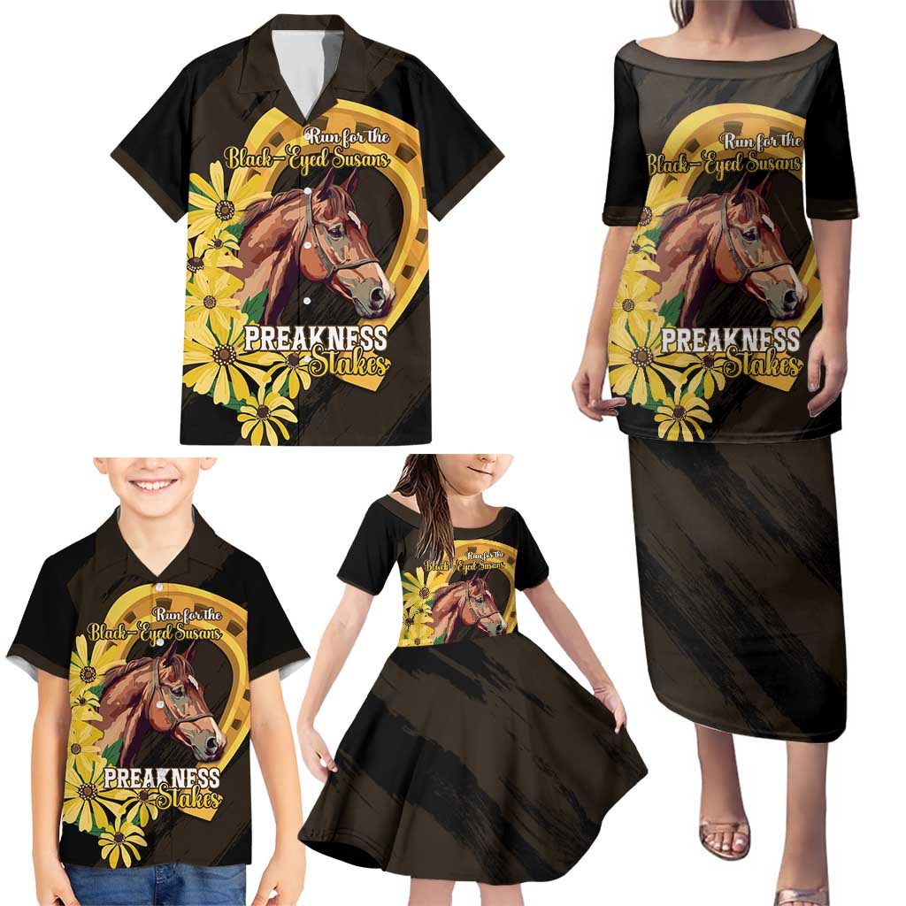 Personalized Preakness Horse Racing Family Matching Puletasi and Hawaiian Shirt Horseshoe With Black-Eyed Susans
