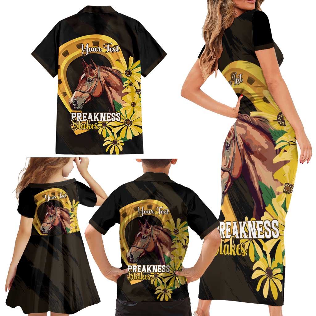 Personalized Preakness Horse Racing Family Matching Short Sleeve Bodycon Dress and Hawaiian Shirt Horseshoe With Black-Eyed Susans