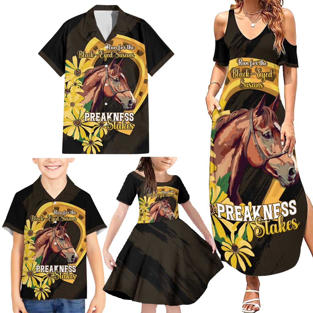 Personalized Preakness Horse Racing Family Matching Summer Maxi Dress and Hawaiian Shirt Horseshoe With Black-Eyed Susans