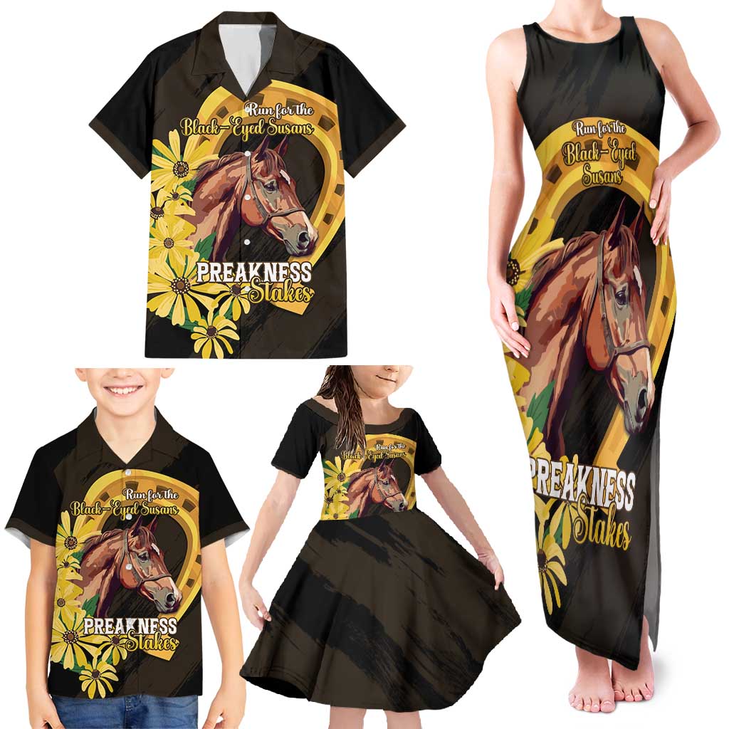 Personalized Preakness Horse Racing Family Matching Tank Maxi Dress and Hawaiian Shirt Horseshoe With Black-Eyed Susans