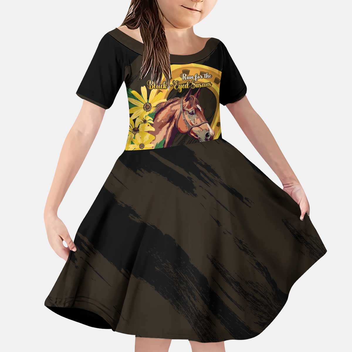 Personalized Preakness Horse Racing Kid Short Sleeve Dress Horseshoe With Black-Eyed Susans