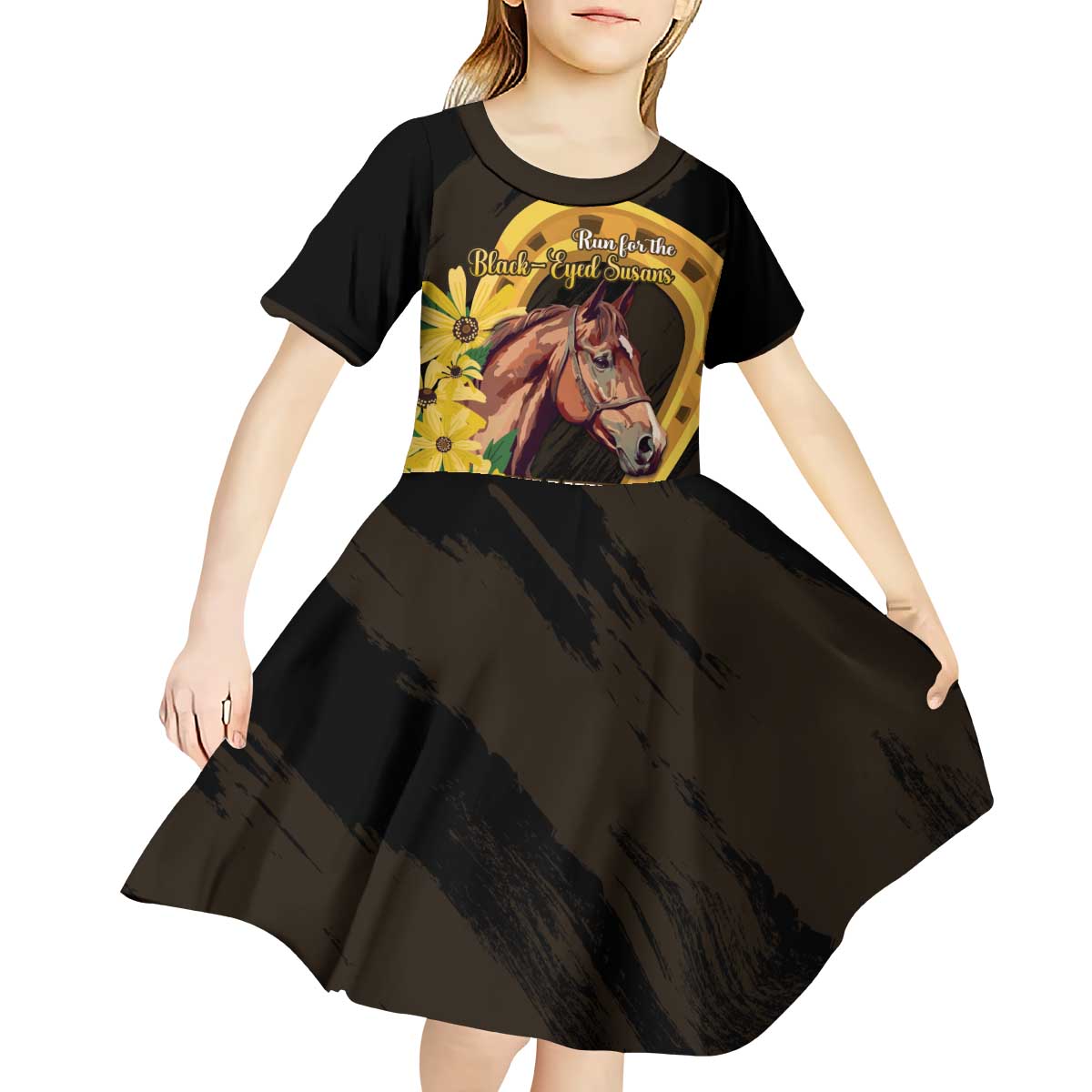 Personalized Preakness Horse Racing Kid Short Sleeve Dress Horseshoe With Black-Eyed Susans