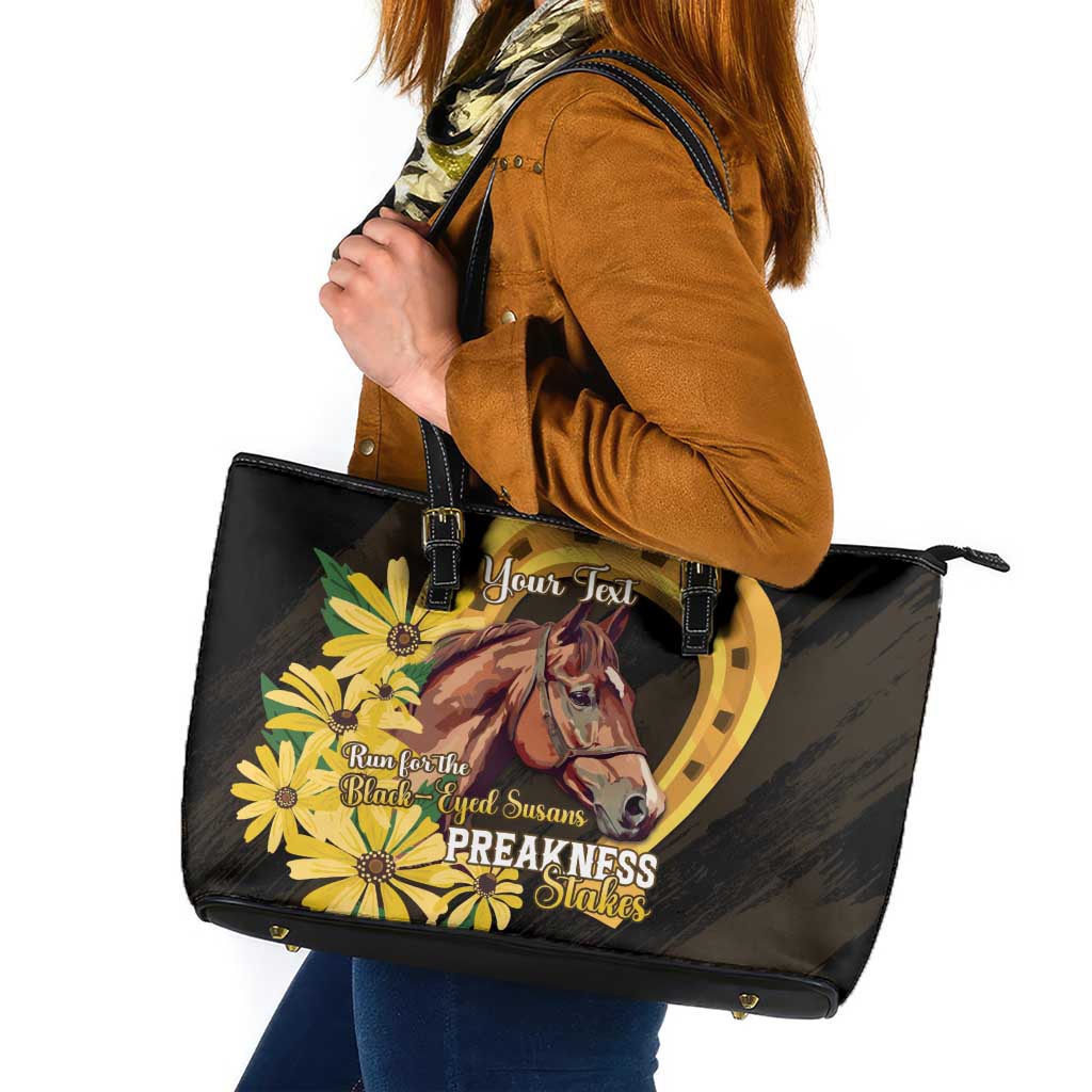 Personalized Preakness Horse Racing Leather Tote Bag Horseshoe With Black-Eyed Susans
